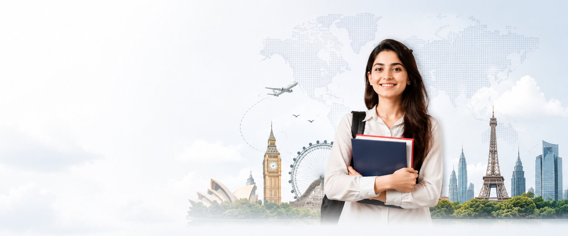 A student ready to study abroad, with landmarks from partner destination countries in the background