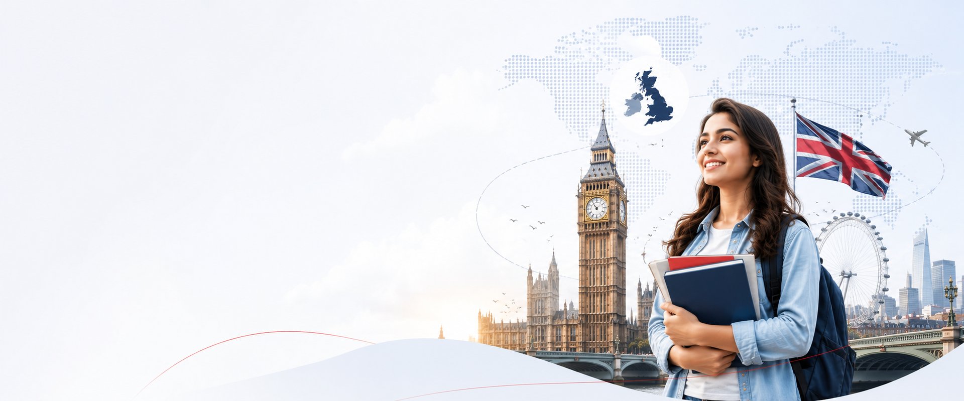 A student ready to study in the UK, with Big Ben and London landmarks in the background